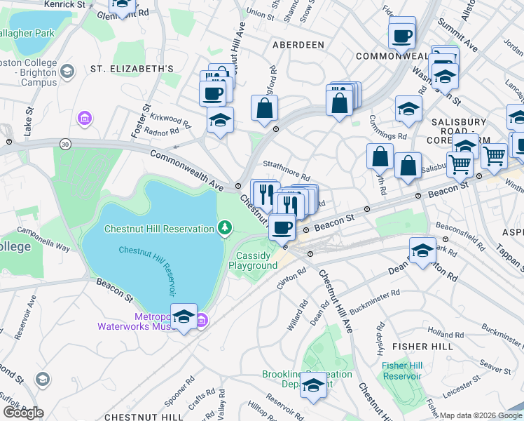 map of restaurants, bars, coffee shops, grocery stores, and more near 4 Chiswick Road in Boston