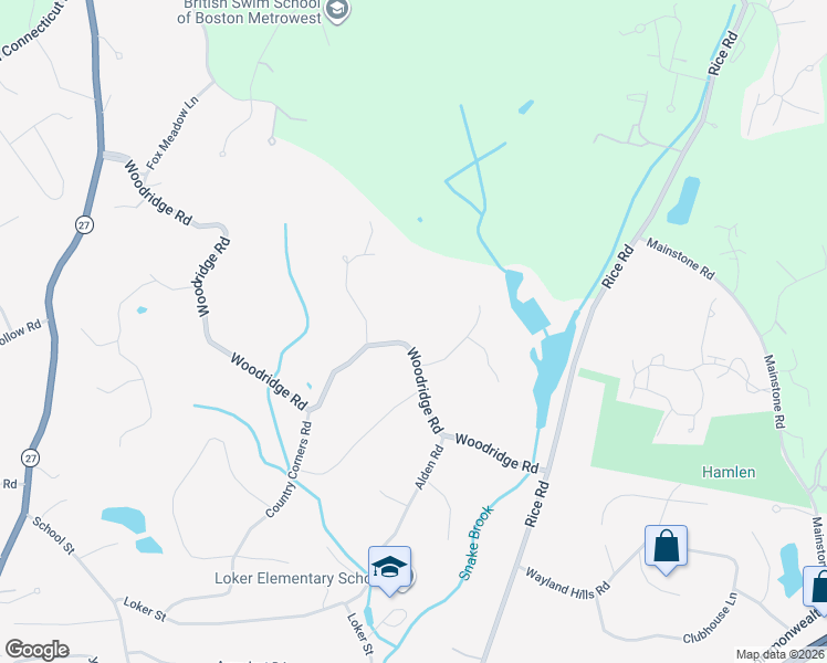 map of restaurants, bars, coffee shops, grocery stores, and more near 112 Woodridge Road in Wayland