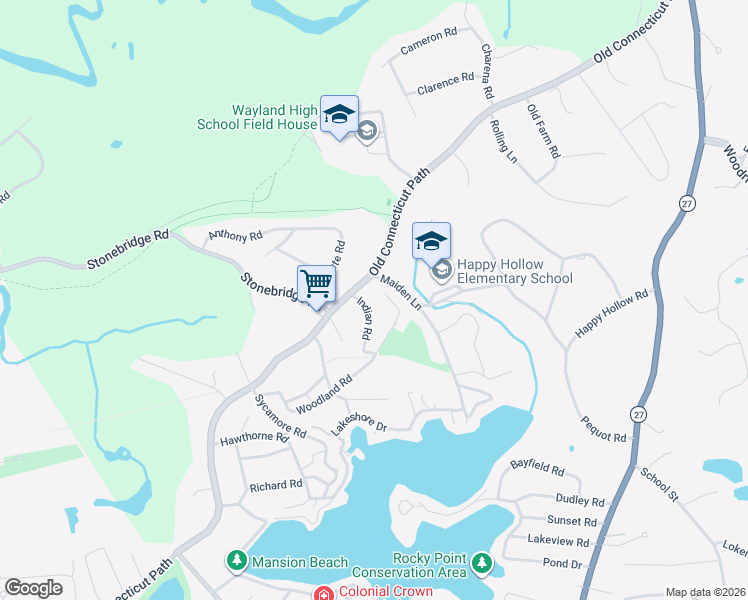 map of restaurants, bars, coffee shops, grocery stores, and more near 303 Old Connecticut Path in Wayland