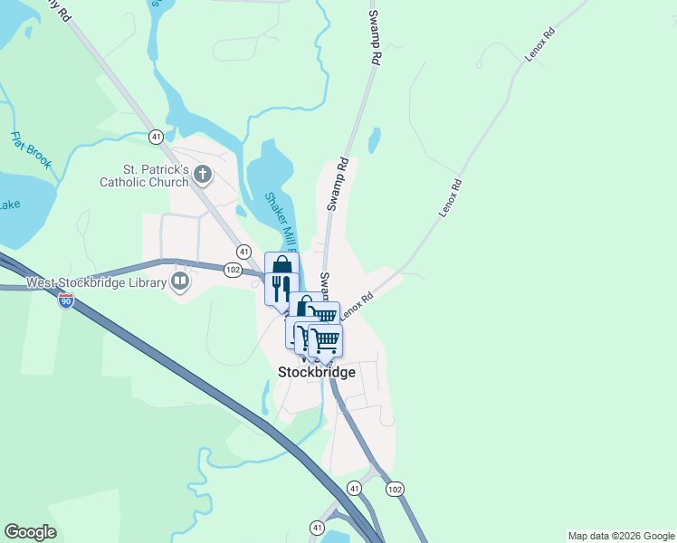 map of restaurants, bars, coffee shops, grocery stores, and more near 38-72 Swamp Rd in West Stockbridge