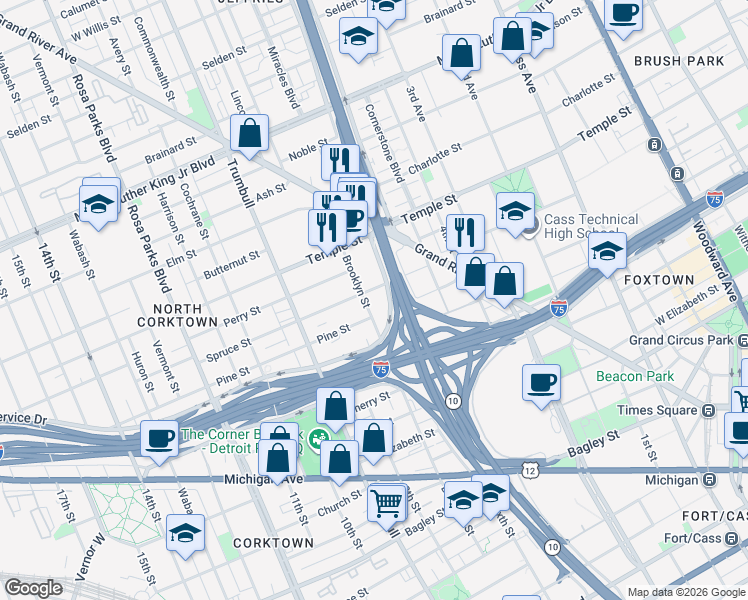 map of restaurants, bars, coffee shops, grocery stores, and more near 2710 Brooklyn St in Detroit