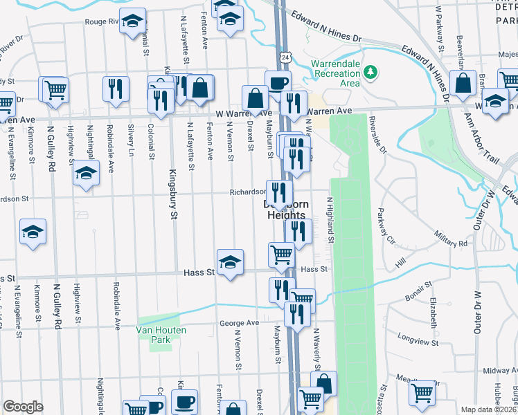 map of restaurants, bars, coffee shops, grocery stores, and more near 6635 Drexel Street in Dearborn Heights