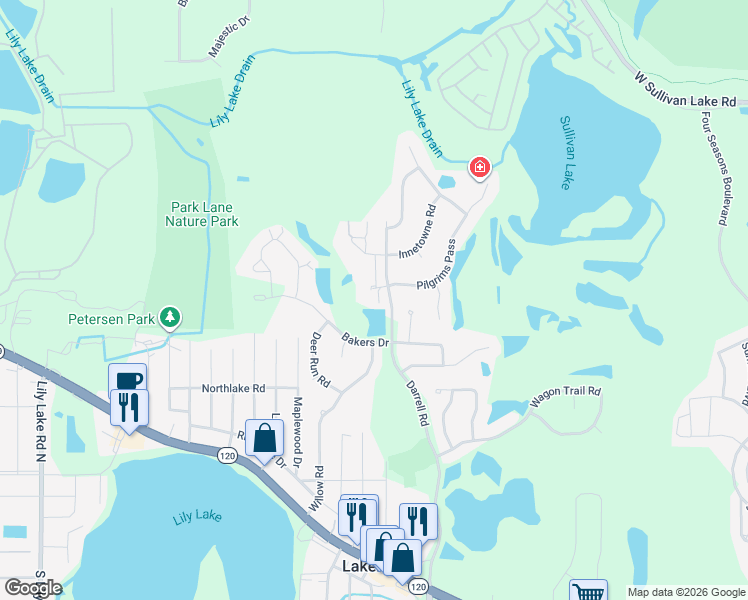 map of restaurants, bars, coffee shops, grocery stores, and more near 28983 Pilgrims Pass in Lakemoor