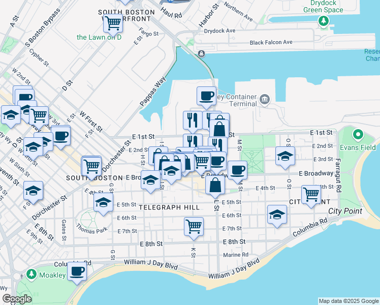 map of restaurants, bars, coffee shops, grocery stores, and more near 169 K Street in Boston