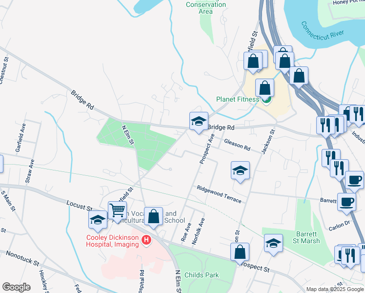 map of restaurants, bars, coffee shops, grocery stores, and more near 65 Hatfield Street in Northampton