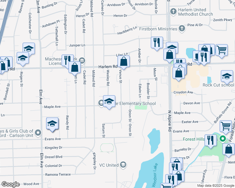 map of restaurants, bars, coffee shops, grocery stores, and more near 7722 Venus Street in Loves Park