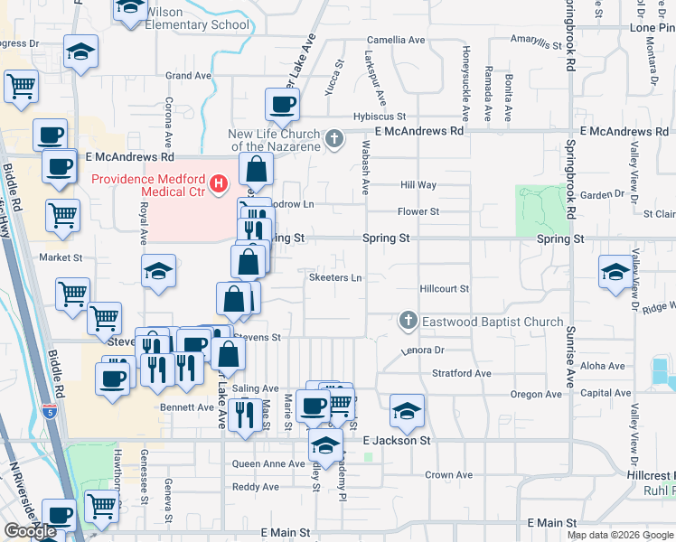 map of restaurants, bars, coffee shops, grocery stores, and more near 1173 Skeeters Lane in Medford