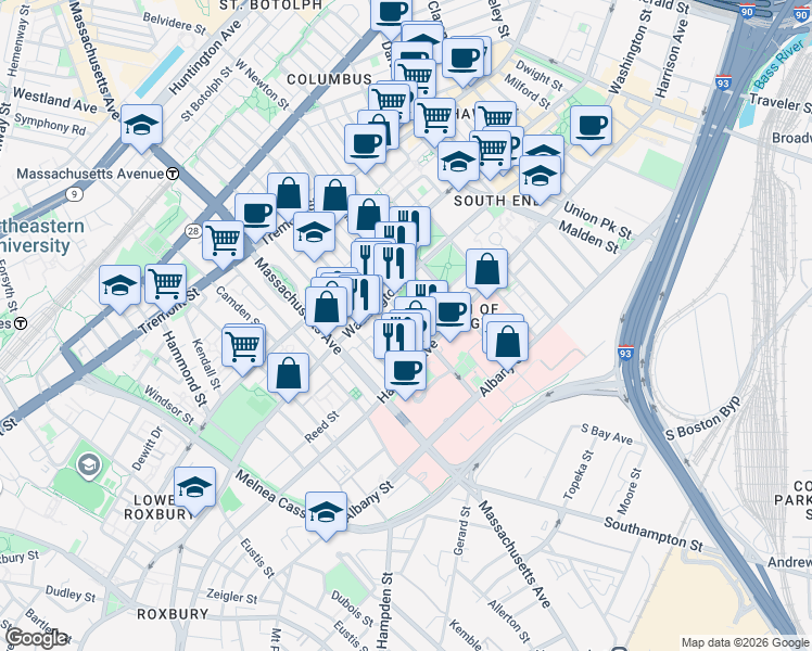 map of restaurants, bars, coffee shops, grocery stores, and more near 19 East Concord Street in Boston