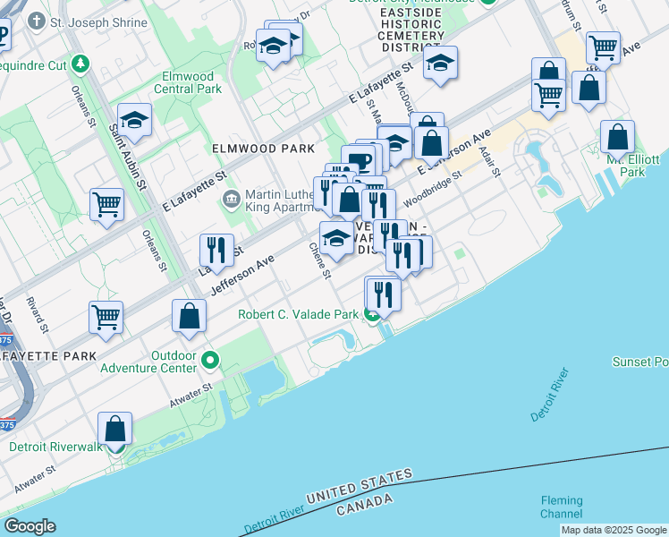 map of restaurants, bars, coffee shops, grocery stores, and more near 2636 Franklin Street in Detroit
