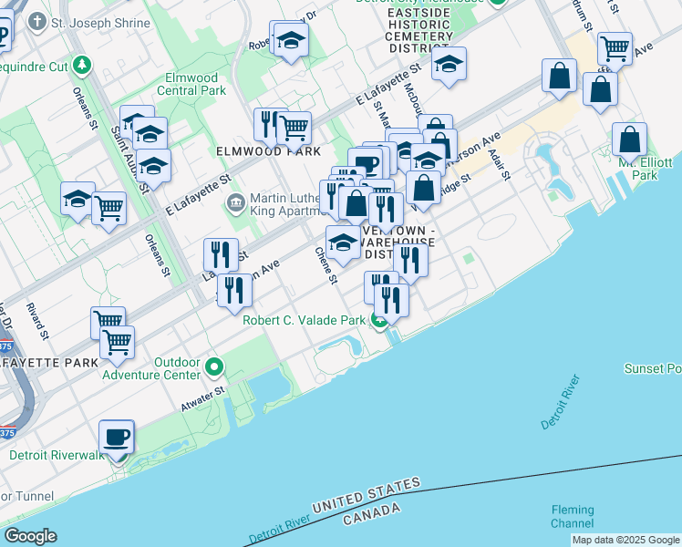 map of restaurants, bars, coffee shops, grocery stores, and more near 2636 Franklin Street in Detroit