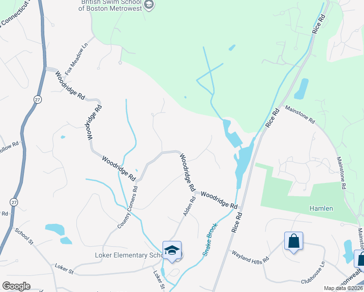 map of restaurants, bars, coffee shops, grocery stores, and more near 112 Woodridge Road in Wayland