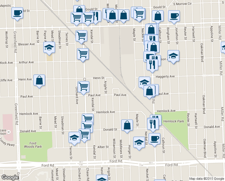 map of restaurants, bars, coffee shops, grocery stores, and more near 10 Williamson Ct in Dearborn