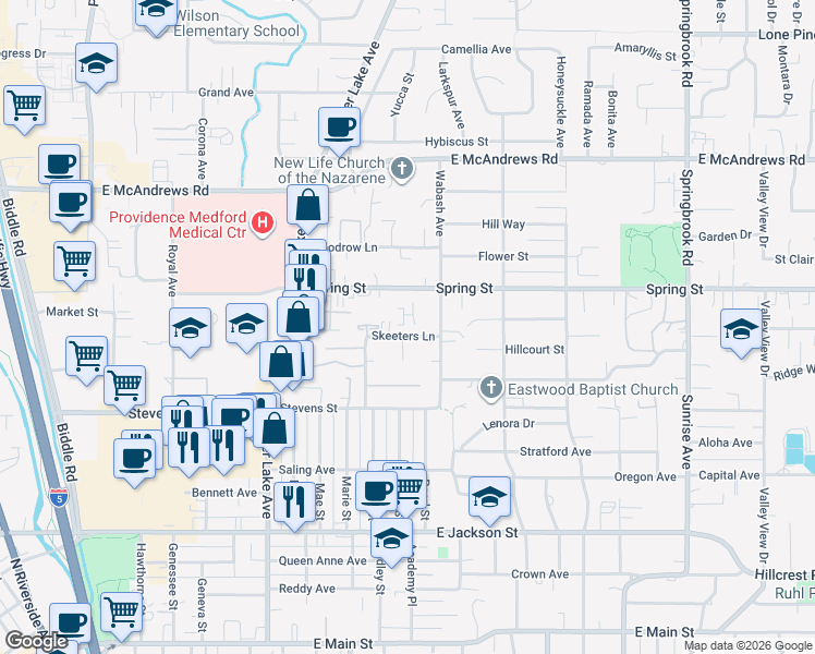 map of restaurants, bars, coffee shops, grocery stores, and more near 1173 Skeeters Lane in Medford