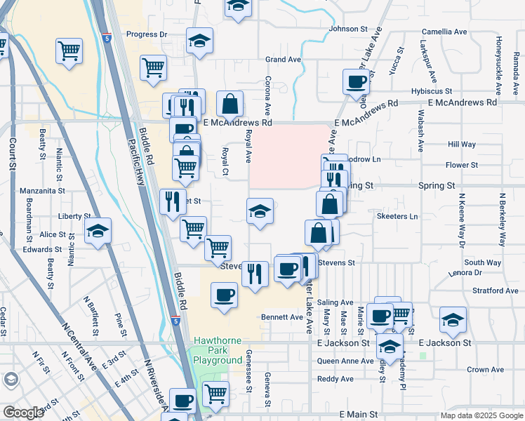 map of restaurants, bars, coffee shops, grocery stores, and more near 726 Royal Ave in Medford