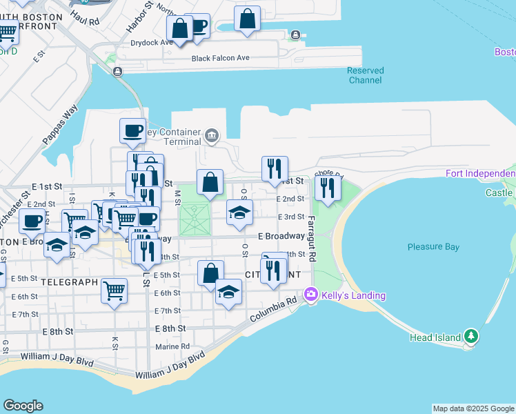 map of restaurants, bars, coffee shops, grocery stores, and more near 880 East 2nd Street in Boston