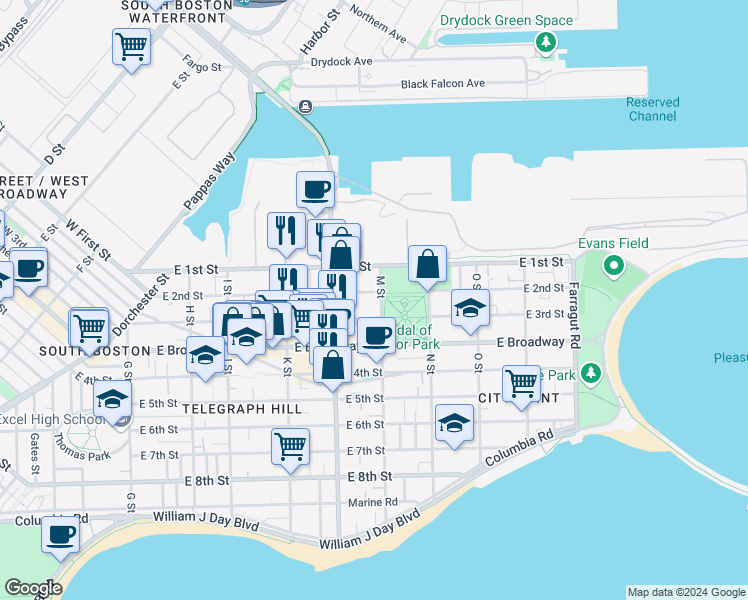 map of restaurants, bars, coffee shops, grocery stores, and more near 730 East 2nd Street in Boston