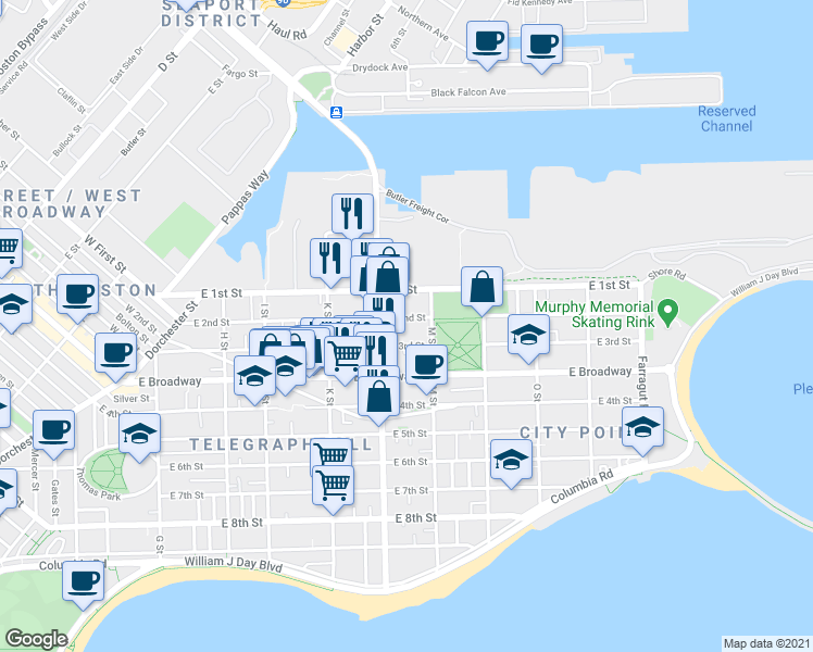 map of restaurants, bars, coffee shops, grocery stores, and more near 730 East 2nd Street in Boston