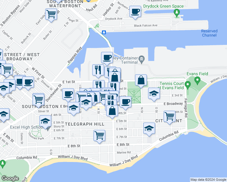 map of restaurants, bars, coffee shops, grocery stores, and more near in Boston