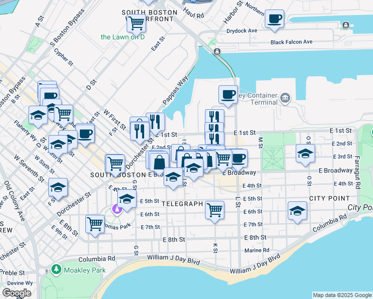map of restaurants, bars, coffee shops, grocery stores, and more near 17 I Street in Boston
