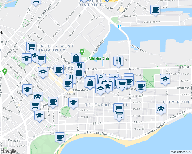 map of restaurants, bars, coffee shops, grocery stores, and more near 4 H Street in Boston