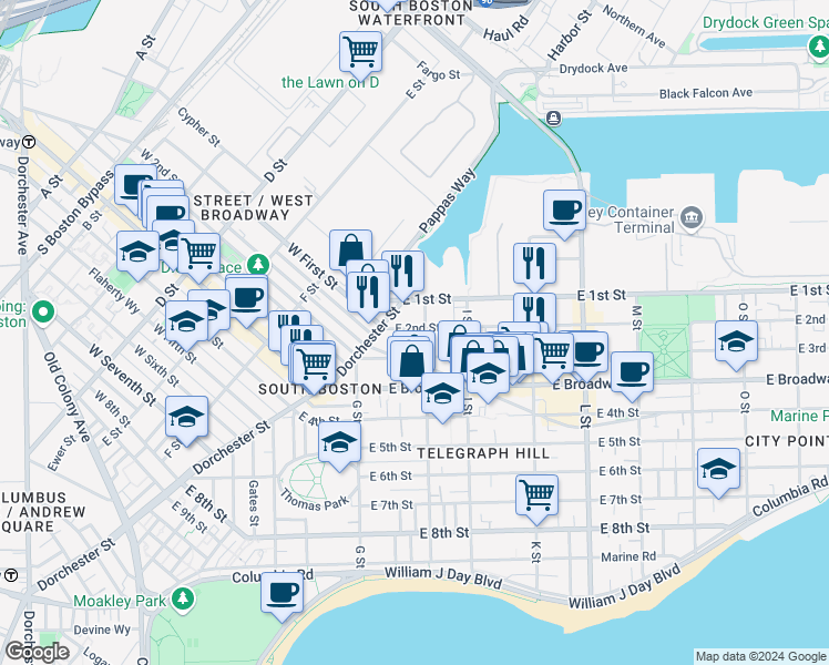map of restaurants, bars, coffee shops, grocery stores, and more near 4 H Street in Boston