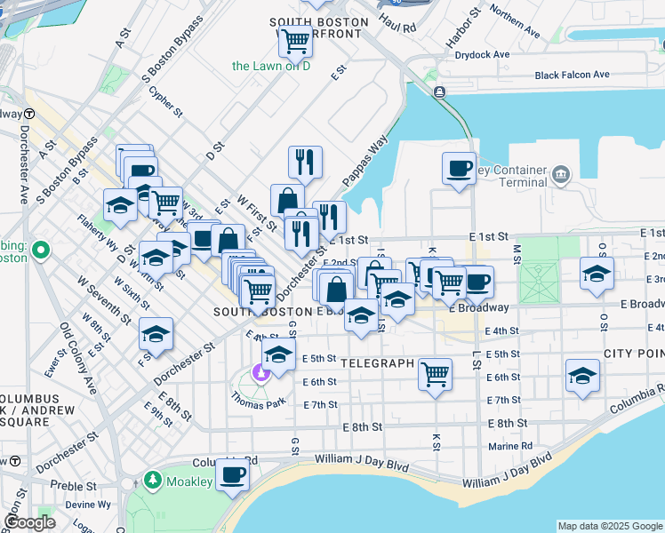 map of restaurants, bars, coffee shops, grocery stores, and more near 510 East 2nd Street in Boston