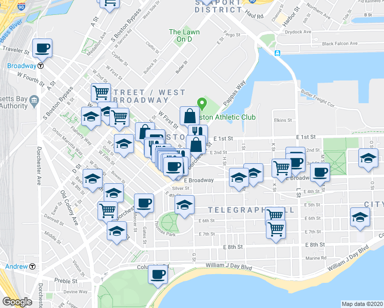 map of restaurants, bars, coffee shops, grocery stores, and more near 103 Dresser Street in Boston