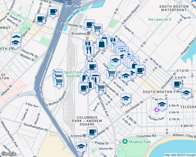 map of restaurants, bars, coffee shops, grocery stores, and more near 52 Pier 7 in Boston