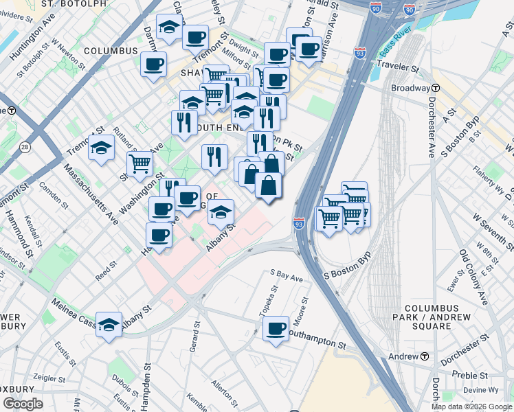 map of restaurants, bars, coffee shops, grocery stores, and more near 122 East Canton Street in Boston