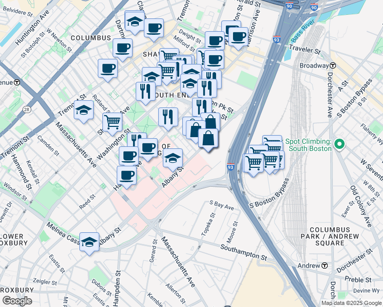 map of restaurants, bars, coffee shops, grocery stores, and more near 595 Albany Street in Boston