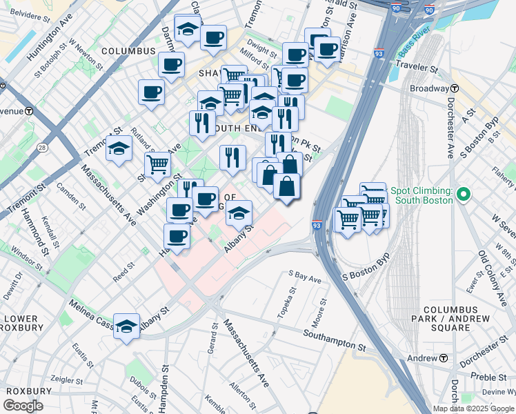 map of restaurants, bars, coffee shops, grocery stores, and more near 595 Albany Street in Boston