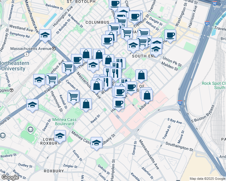 map of restaurants, bars, coffee shops, grocery stores, and more near 19 East Concord Street in Boston