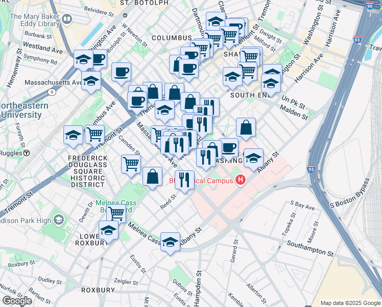 map of restaurants, bars, coffee shops, grocery stores, and more near 1718 Washington Street in Boston
