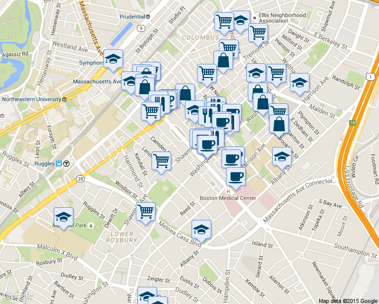 map of restaurants, bars, coffee shops, grocery stores, and more near in Boston