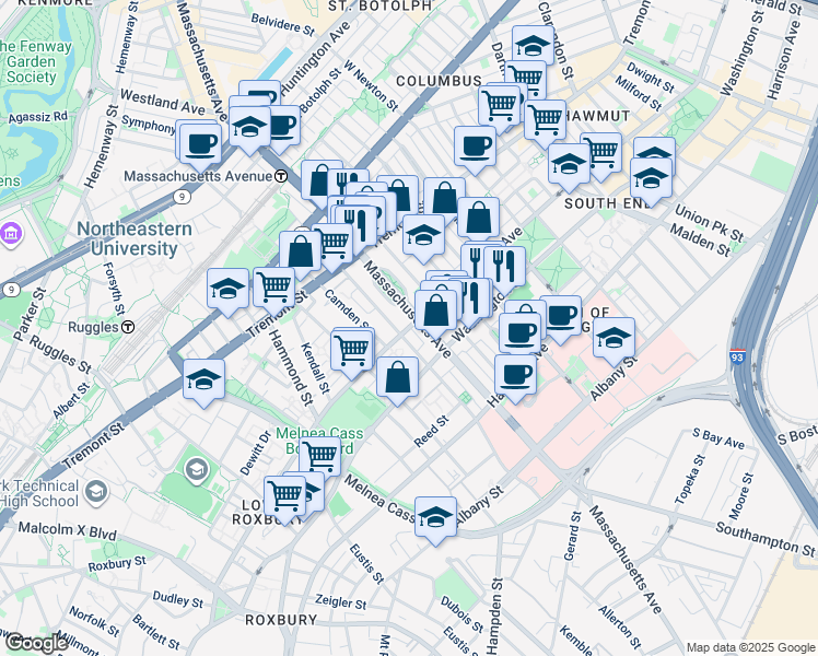 map of restaurants, bars, coffee shops, grocery stores, and more near 179 Northampton Street in Boston