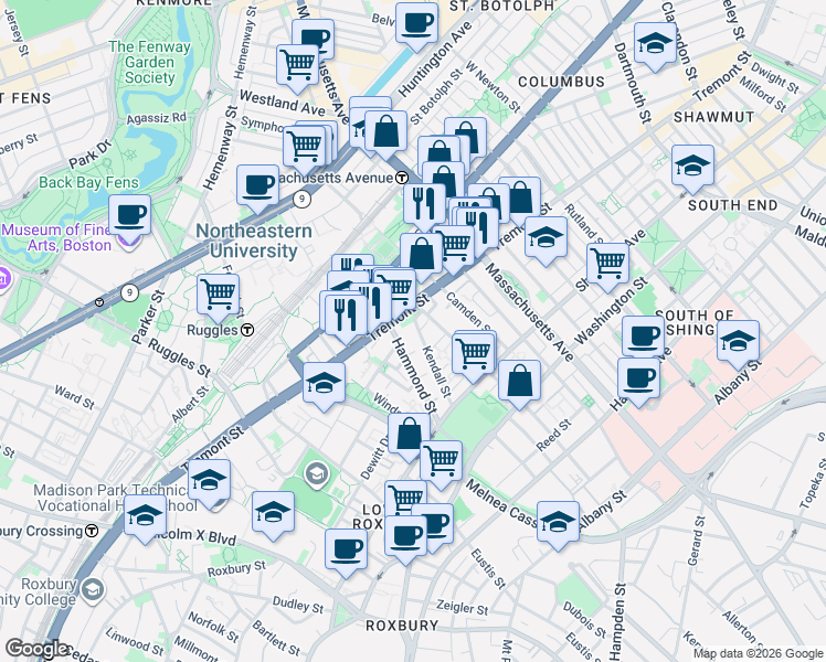 map of restaurants, bars, coffee shops, grocery stores, and more near 950 Tremont Street in Boston