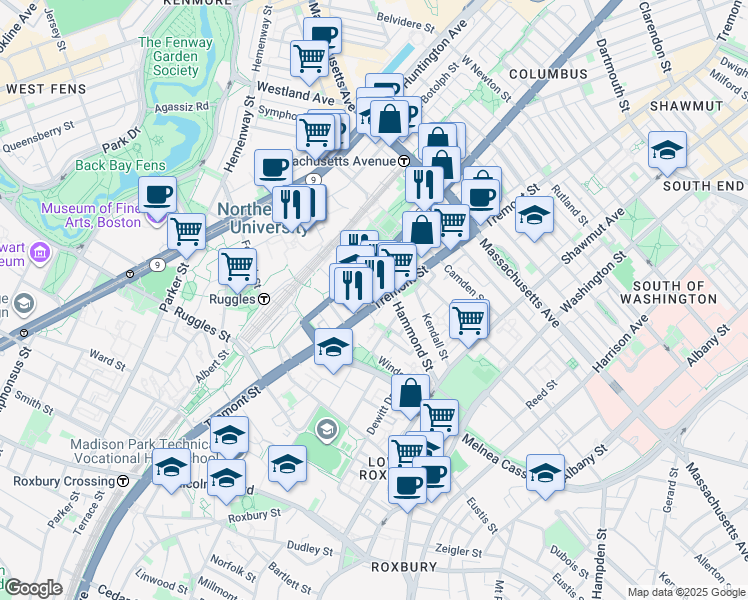 map of restaurants, bars, coffee shops, grocery stores, and more near 724 Columbus Avenue in Boston