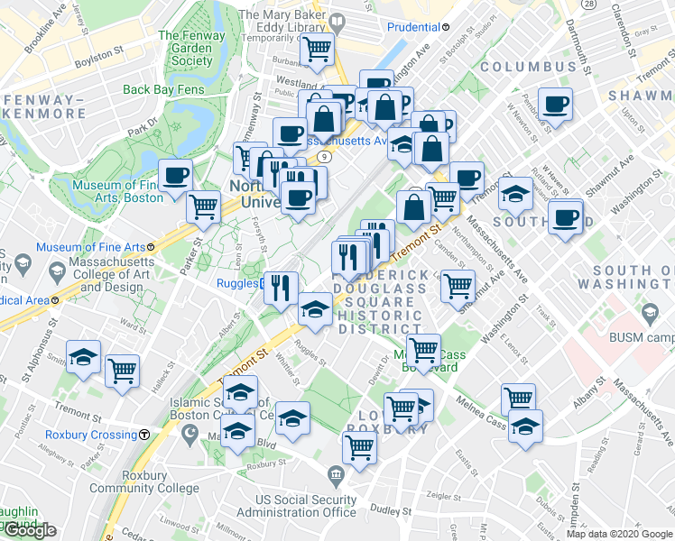 map of restaurants, bars, coffee shops, grocery stores, and more near in Boston