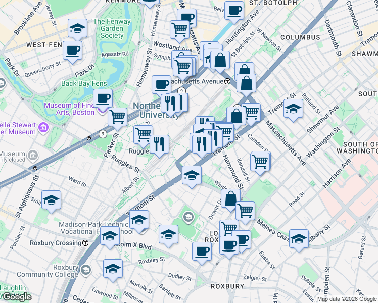 map of restaurants, bars, coffee shops, grocery stores, and more near in Boston