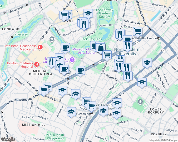 map of restaurants, bars, coffee shops, grocery stores, and more near in Boston