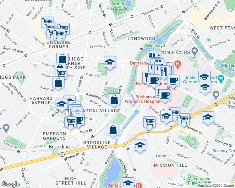 map of restaurants, bars, coffee shops, grocery stores, and more near 186 Kent Street in Brookline