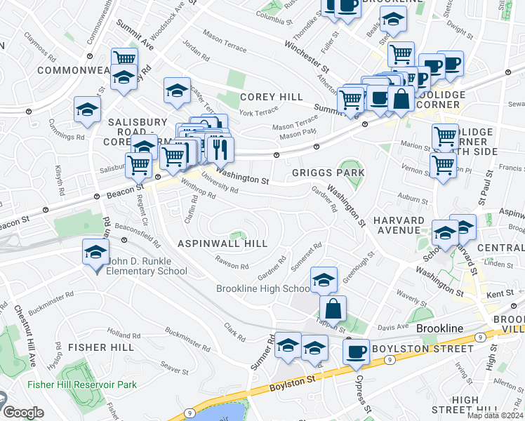 map of restaurants, bars, coffee shops, grocery stores, and more near 107 University Road in Brookline