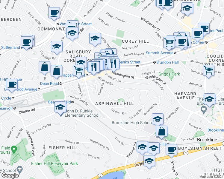 map of restaurants, bars, coffee shops, grocery stores, and more near 148 Winthrop Road in Brookline