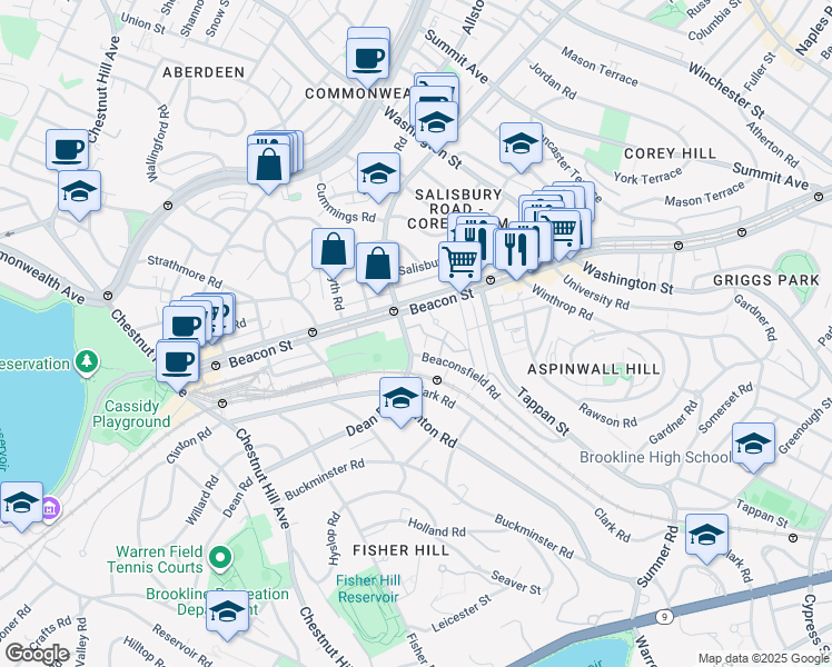 map of restaurants, bars, coffee shops, grocery stores, and more near 1763 Beacon Street in Brookline
