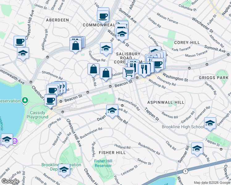 map of restaurants, bars, coffee shops, grocery stores, and more near 1763 Beacon Street in Brookline