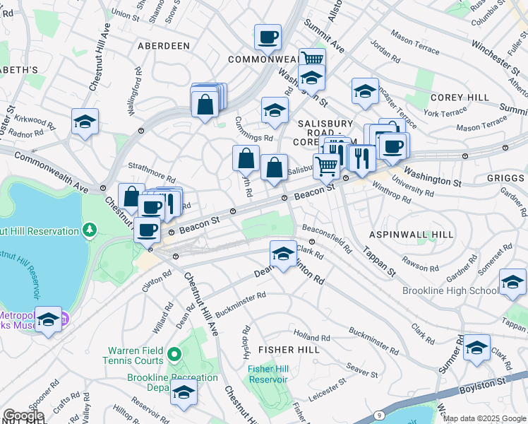map of restaurants, bars, coffee shops, grocery stores, and more near 1804 Beacon Street in Brookline