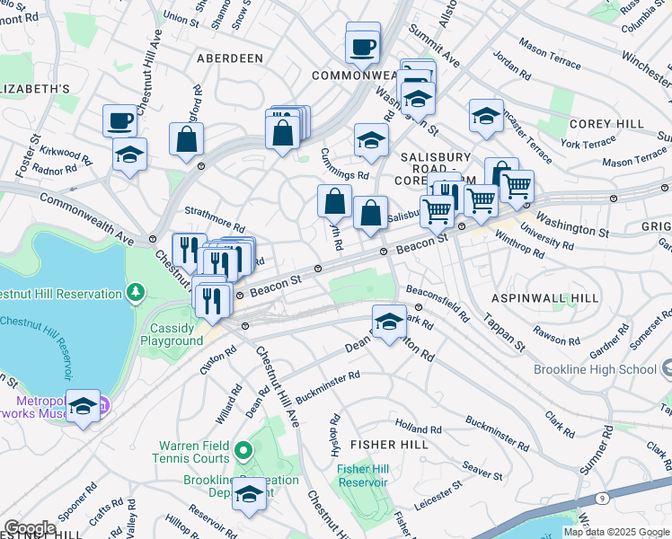 map of restaurants, bars, coffee shops, grocery stores, and more near in Brookline