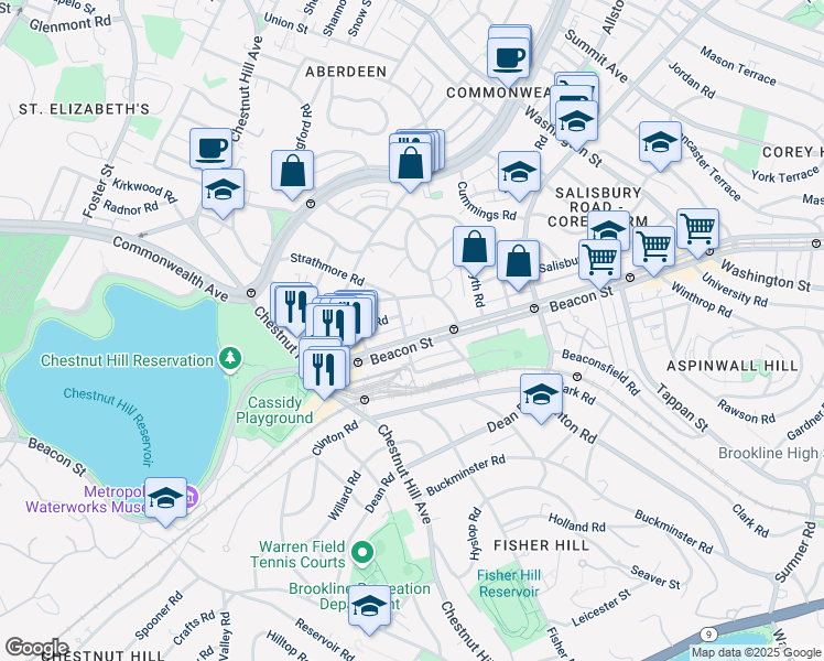 map of restaurants, bars, coffee shops, grocery stores, and more near 1 Reservoir Court in Brookline