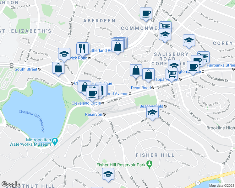 map of restaurants, bars, coffee shops, grocery stores, and more near 1 Reservoir Court in Brookline