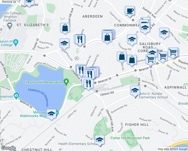 map of restaurants, bars, coffee shops, grocery stores, and more near 104 Englewood Avenue in Boston